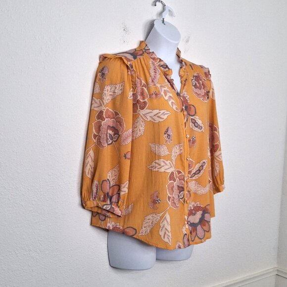 Lauren Conrad Floral Blouse Sz XXL Button Front Puff Sleeves Boho Cottagecore - Picture 5 of 14